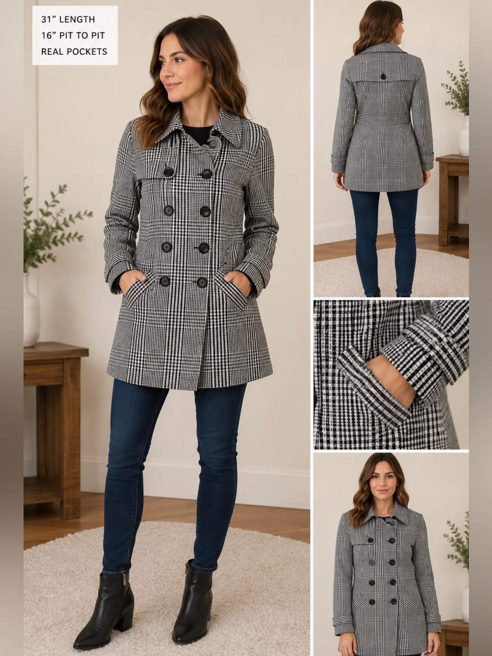 BCX Black and White Gingham A-line trench